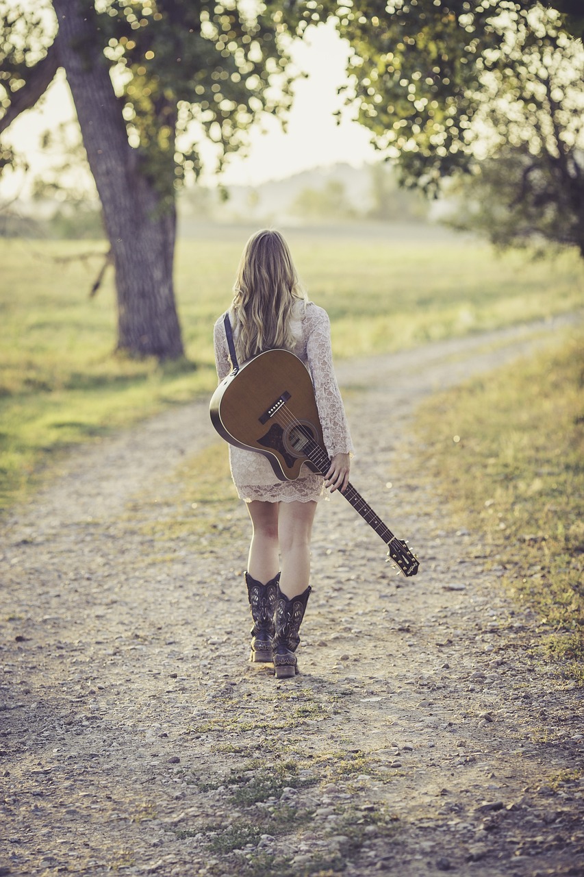 guitar, country road, female